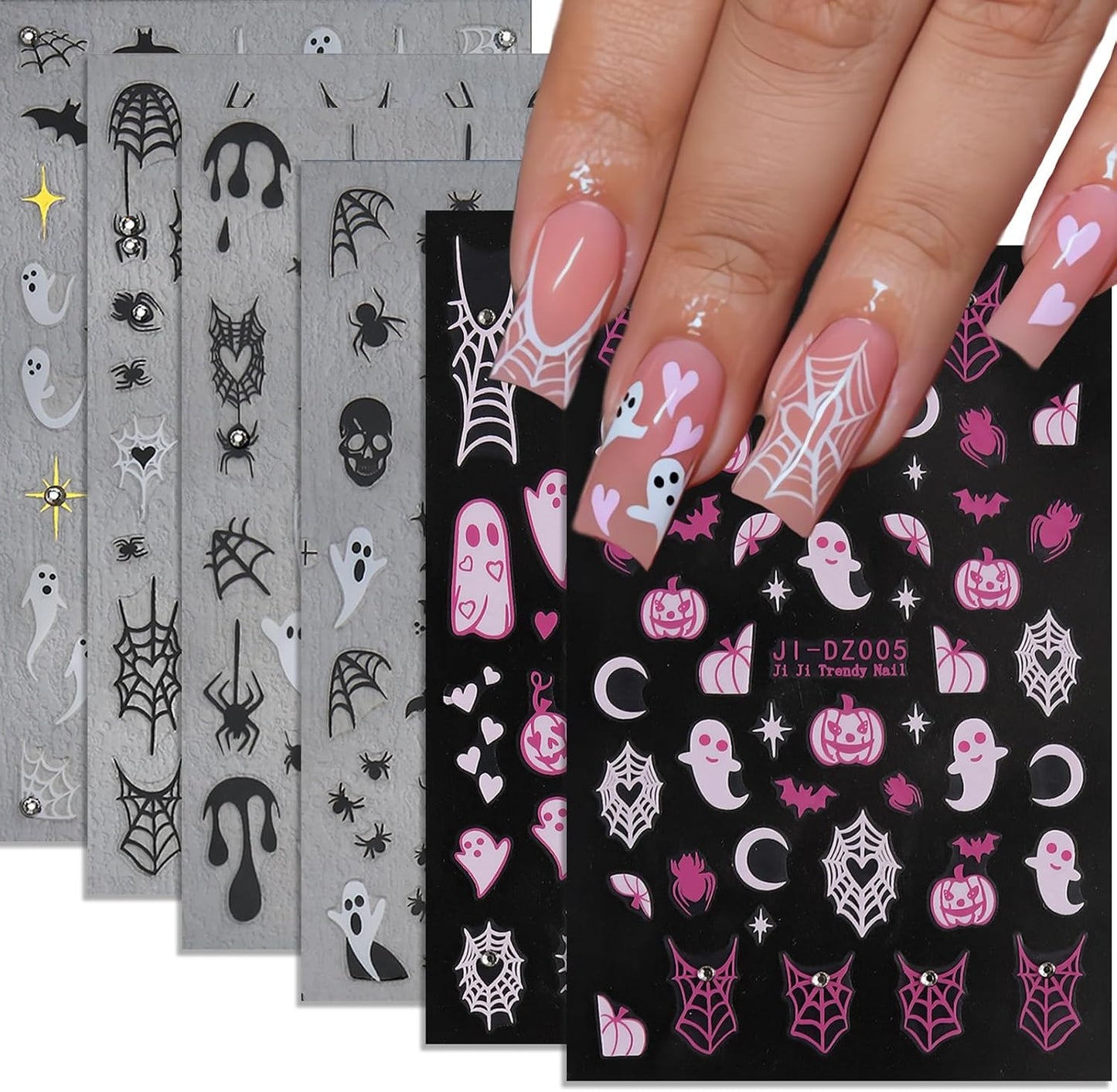 Halloween Nail Art Stickers 6 Sheets Cute Little Ghost Skull Blood Pumpkin 3D Nail Art Self-Adhesive Stickers Nail Spider Web Bat Decoration Pink Ghost Nail Supplies for DIY Nail Decal Art