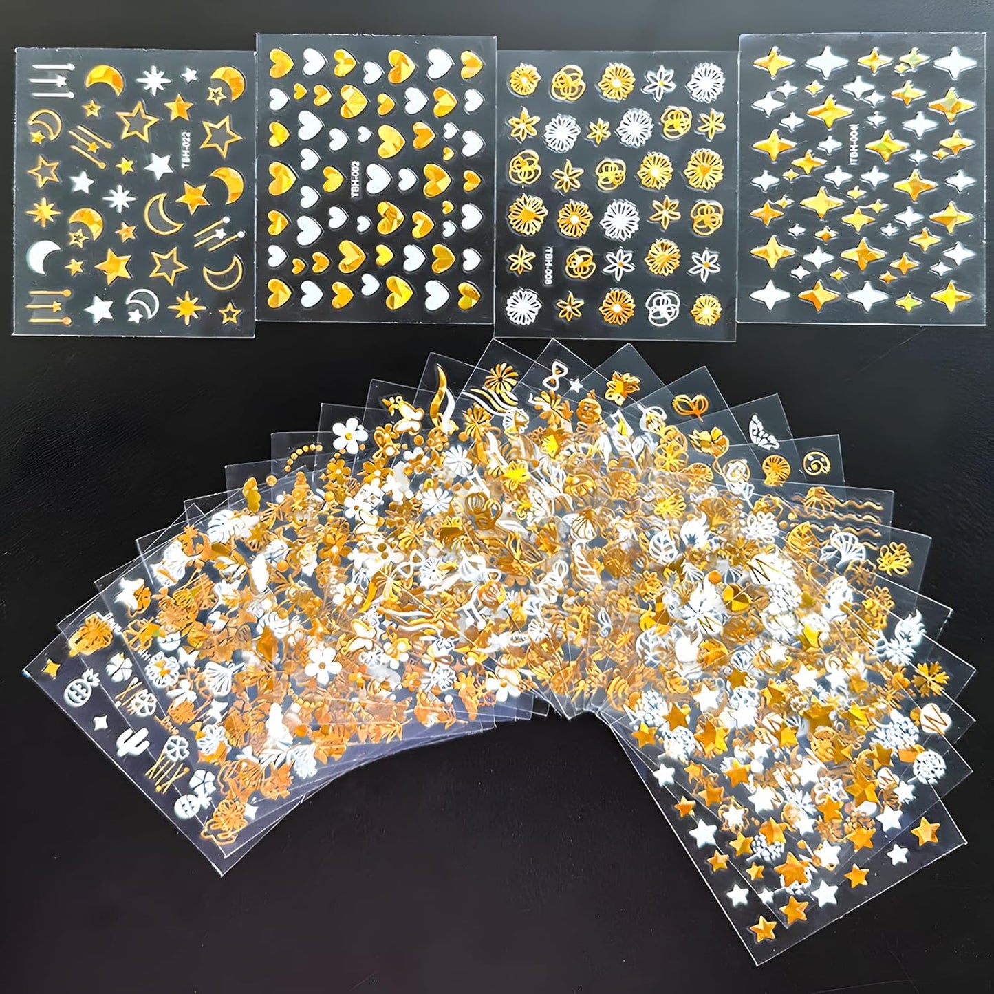 30 Sheets Gold Nail Art Stickers 3D Self Adhesive Star Nail Decals Gold Flower Nail Stickers for Nail Art Heart Snowflake Nail Art Design Decoration Accessories for Women and Girls, Style 2