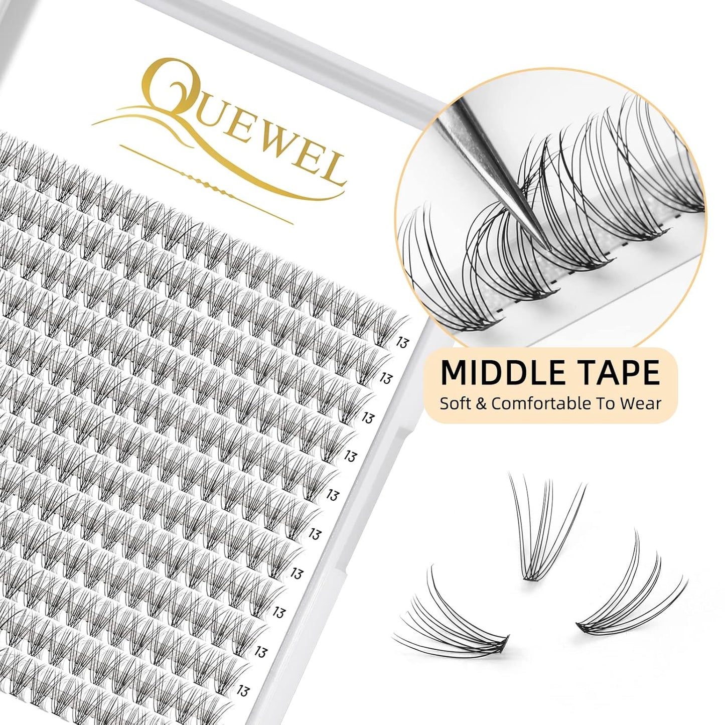 QUEWEL Lash Clusters 240Pcs Individual Lashes 10D 0.10C Curl 13mm Knot-Free Lash Extensions Clusters Lashes Soft&Natural False Eyelashes Individual DIY Eyelash Extension at Home(10D 0.10C 13)
