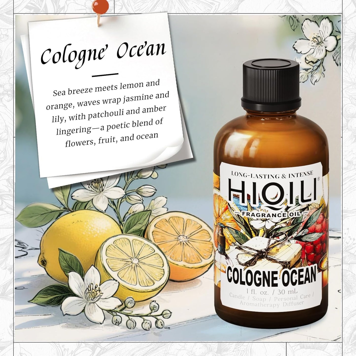 HIQILI Cologne Ocean Fragrance Oil for Making Candle, Bath Bombs, Home Diffuser, Long-Lasting Scents for Hair & Body - 1 Fl Oz