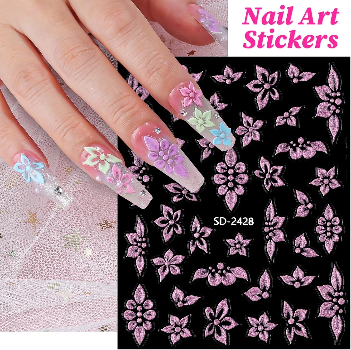 Flower Nail Stickers 5 Sheets Self-Adhesive Floral Nail Decals 5D Embossed Pink Purple Blue Nail Art Stickers Flower Pegatinas para Uñas for Women DIY Manicure Accessories Decorations