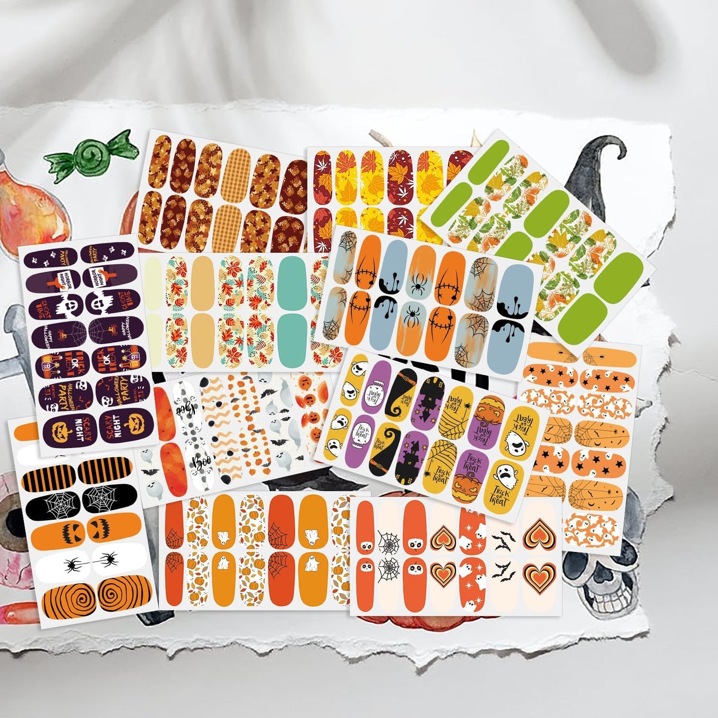 DANNEASY 16 Sheets Fall and Halloween Nail Wraps Holiday Nail Polish Stickers for Women Self Adhesive Nail Polish Strips Gel Nail Strips Fingernail Stickers with Nail File, Cuticle Stick