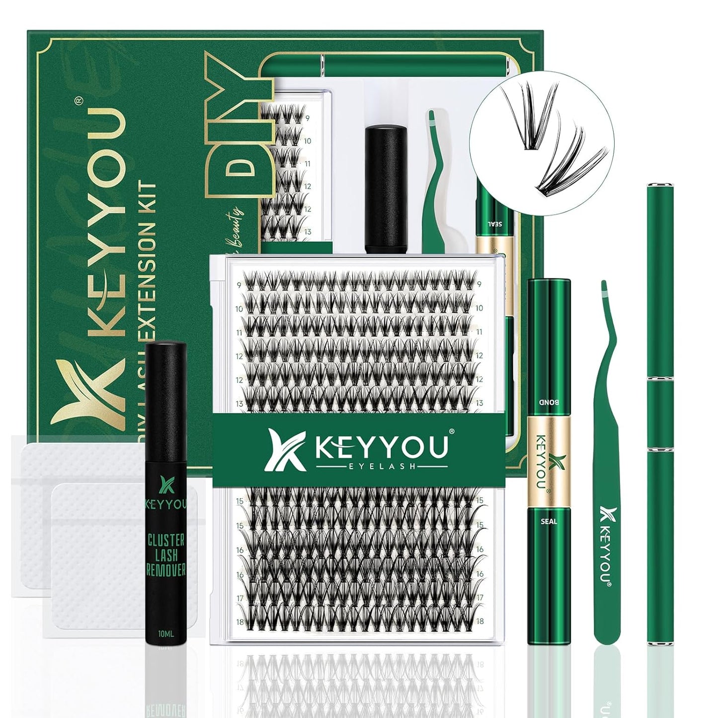 KEYYOU Lash Extension Kit DIY 300Pcs Lash Clusters Eyelash Extension Kit 30D C Curl 9-18MIX Lash Clusters Kit with Lash Glue Remover Applicator Easy to Use for Beginners(Kit,30D-C,9-18MIX)