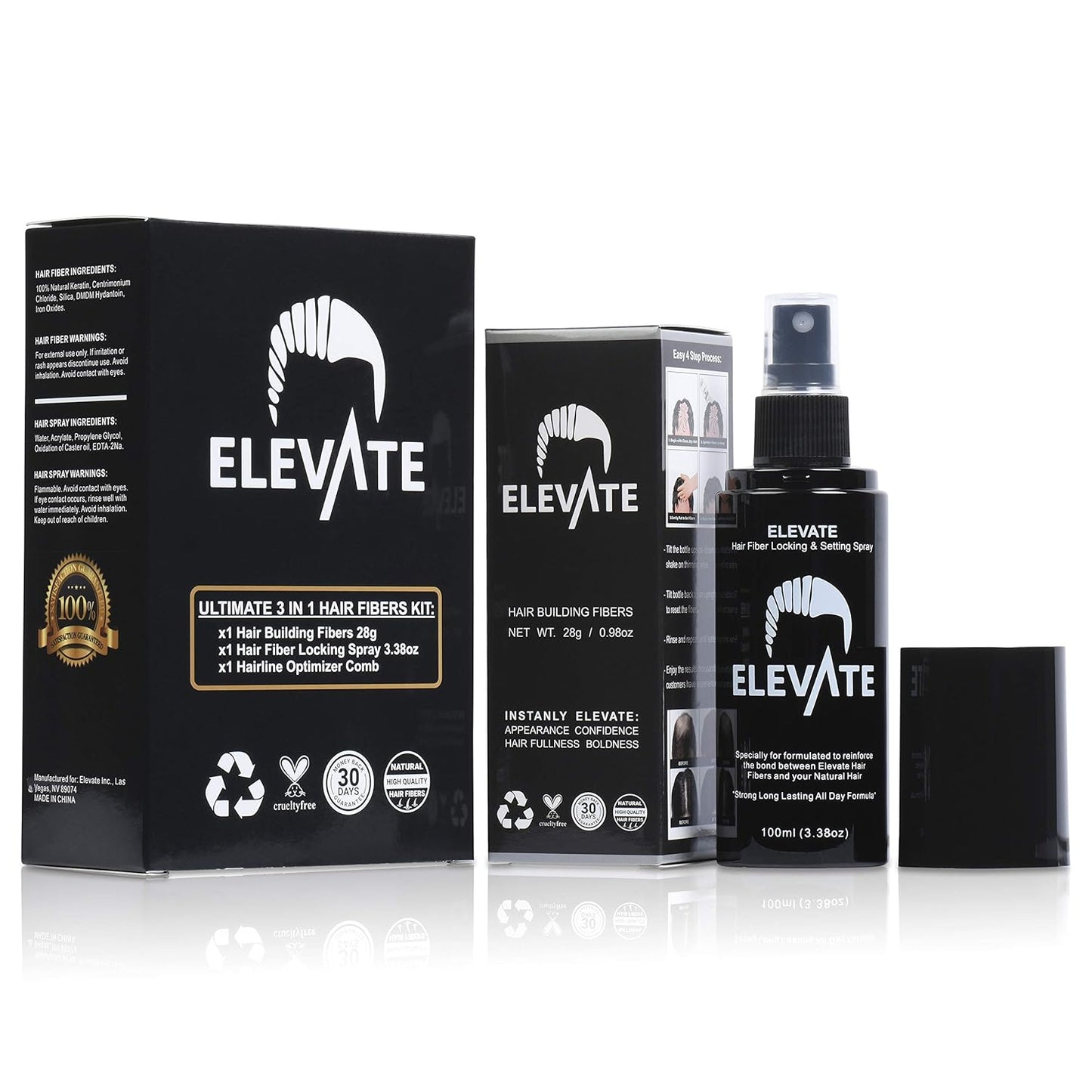 Elevate Hair Building Fibers 3-in-1 Kit for Thinning Hair (Dark Brown) Keratin Hair Thickening Powder with Fiber Lock Spray & Hairline Optimizer Comb - Instant Concealer Applicator for Men & Women