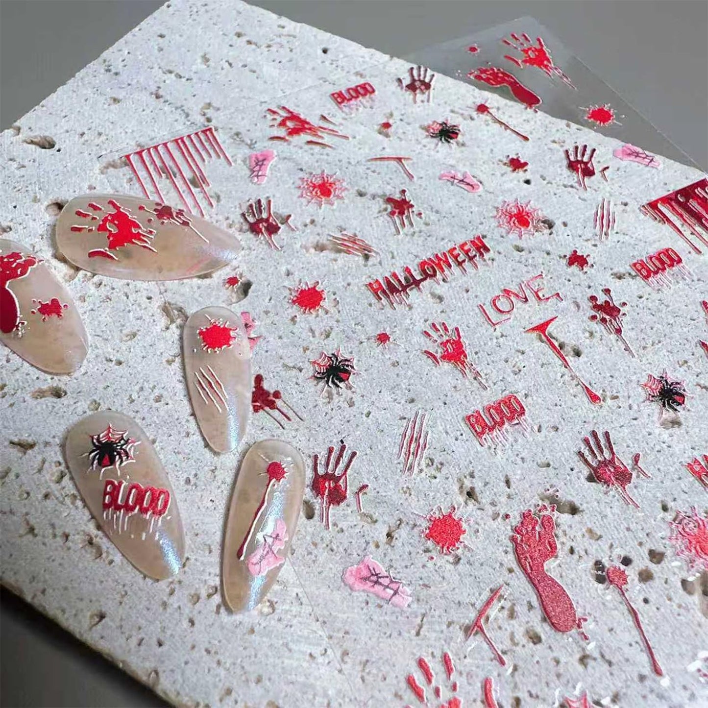 1 Sheets Halloween Nail Decals for Nail Art Horror Bloody Handprint Nail Design Sticker Scary Blood Drop Nail Stickers Bloody Footprints Spider Nail Art Stickers for Women Holiday Nails Decoration