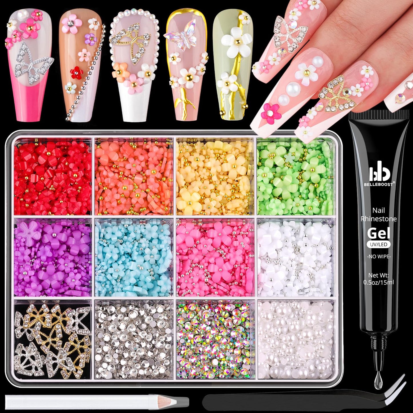 3D Nail Charms and Gems Set 12 with Rhinestone Glue, 10PCS Gold and Silver Chunky Butterfly Nail Charms, 3D Flowers for Nails, Flatback Crystals and Pearls + Picker Tool for Y2K Nail Decor
