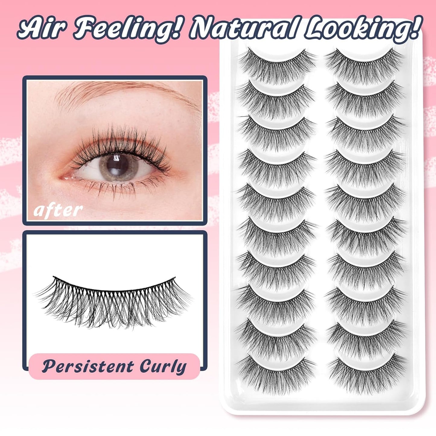Natural Lashes Wispy False Eyelashes Short Lashes Soft Strip Lashes C Curl Eye Lashes Natural 10mm Short Eyelashes 10 Pair Eye Lashes Pack Siligli