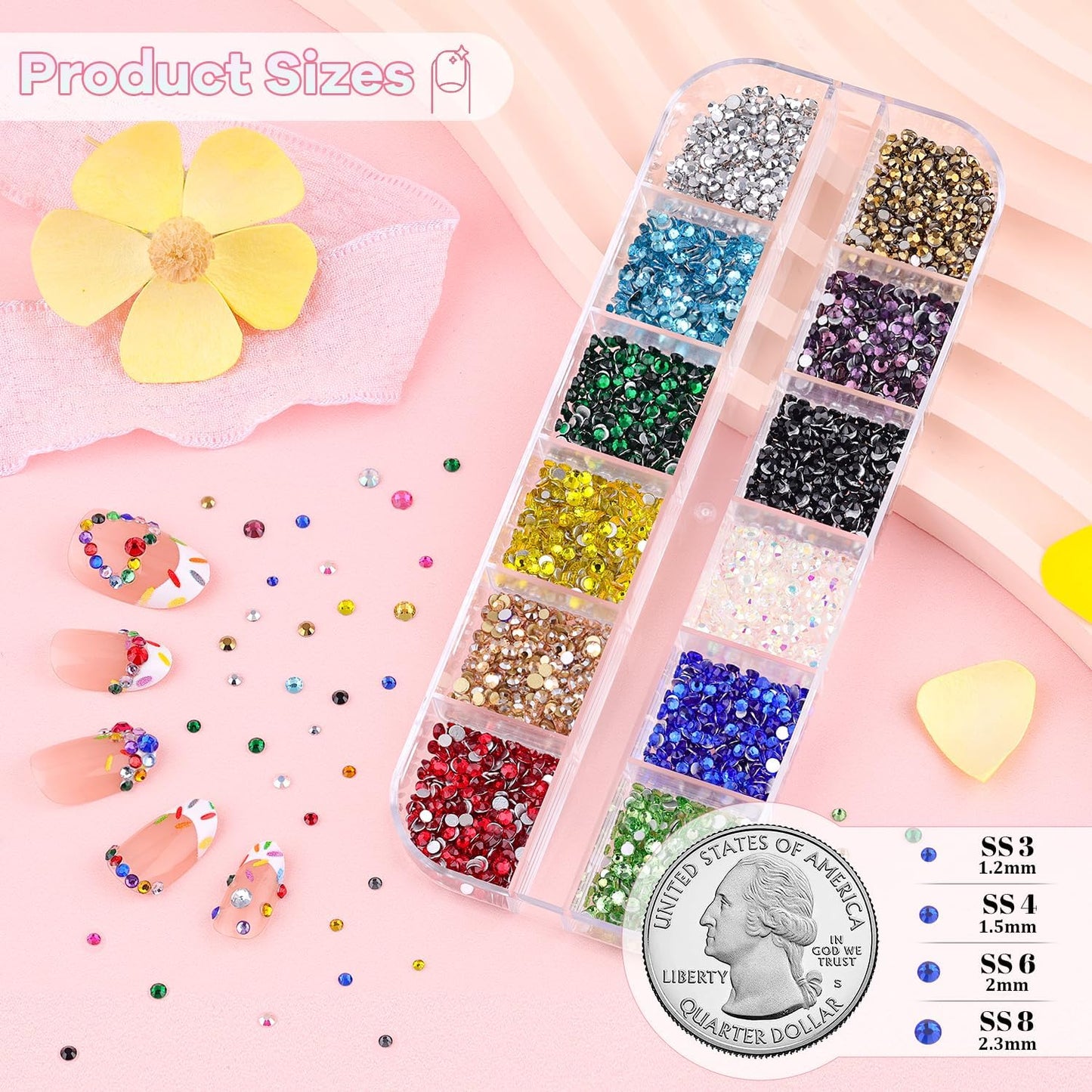 5400Pcs Glass Crystal Small Rhinestones for Nail Art, Tiny AB Clear Colorful Rhinestone Flatback Bedazzling Gems, Nail Rhinestones and Gems Crystals Charms for Acrylic Tips Manicure Decor