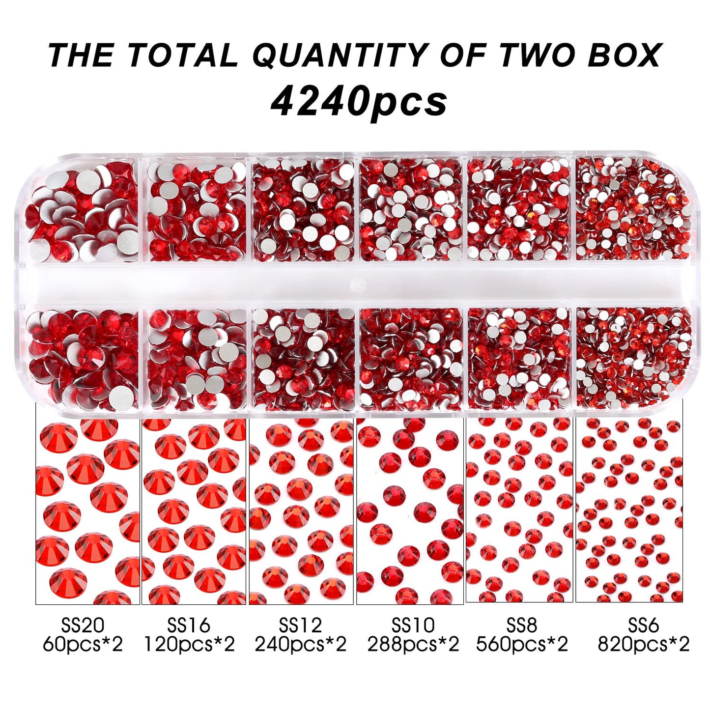 4240Pcs Flatback Red Rhinestones Glass Crystal Diamonds for Nail Art Eye Jewels Glitter Round with Tweezers and Picking Pen (SS6~SS20 Set)