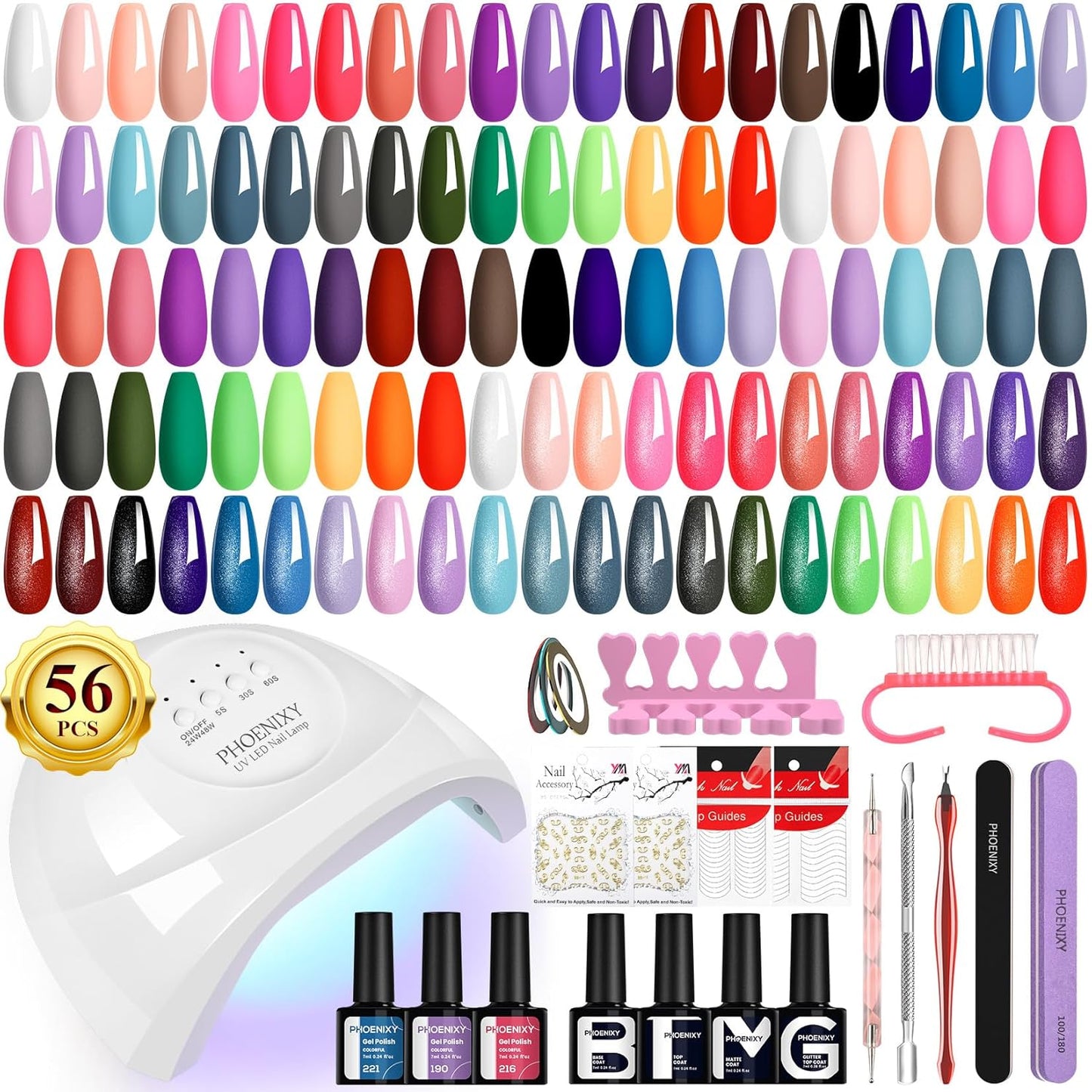 PHOENIXY Gel Nail Polish Kit with U V Light 48W, 56 Pcs 108 Effects Gel Nail Polish Set Base Glitter Top Coat Manicure Tools Gifts for Women