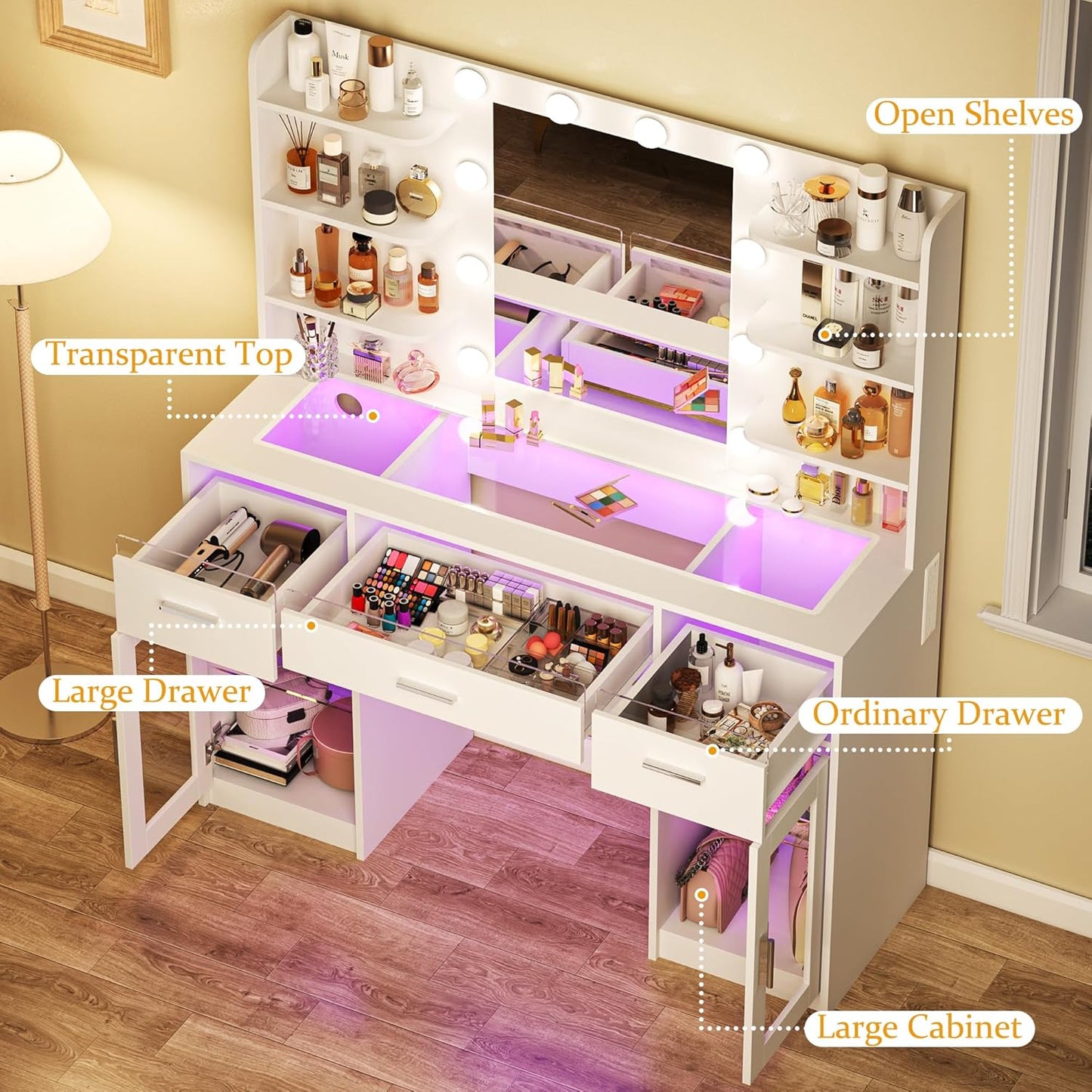 HUAHUUU Vanity Desk, Makeup Vanity Desk with Mirror and Lights 3 Colors, Transparent Top with 3 RGB Drawers, 6 Shelves, 2 Large Tempered Cabinets, Power Outlet, for Bedroom, White
