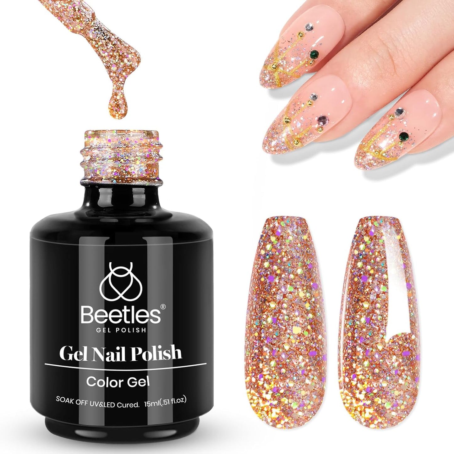 Beetles Glitter Gel Nail Polish 15ML Rose Gold Reflective Pink Gel Polish Dazzling Princess Nail Art Design Manicure Salon (1Pcs)