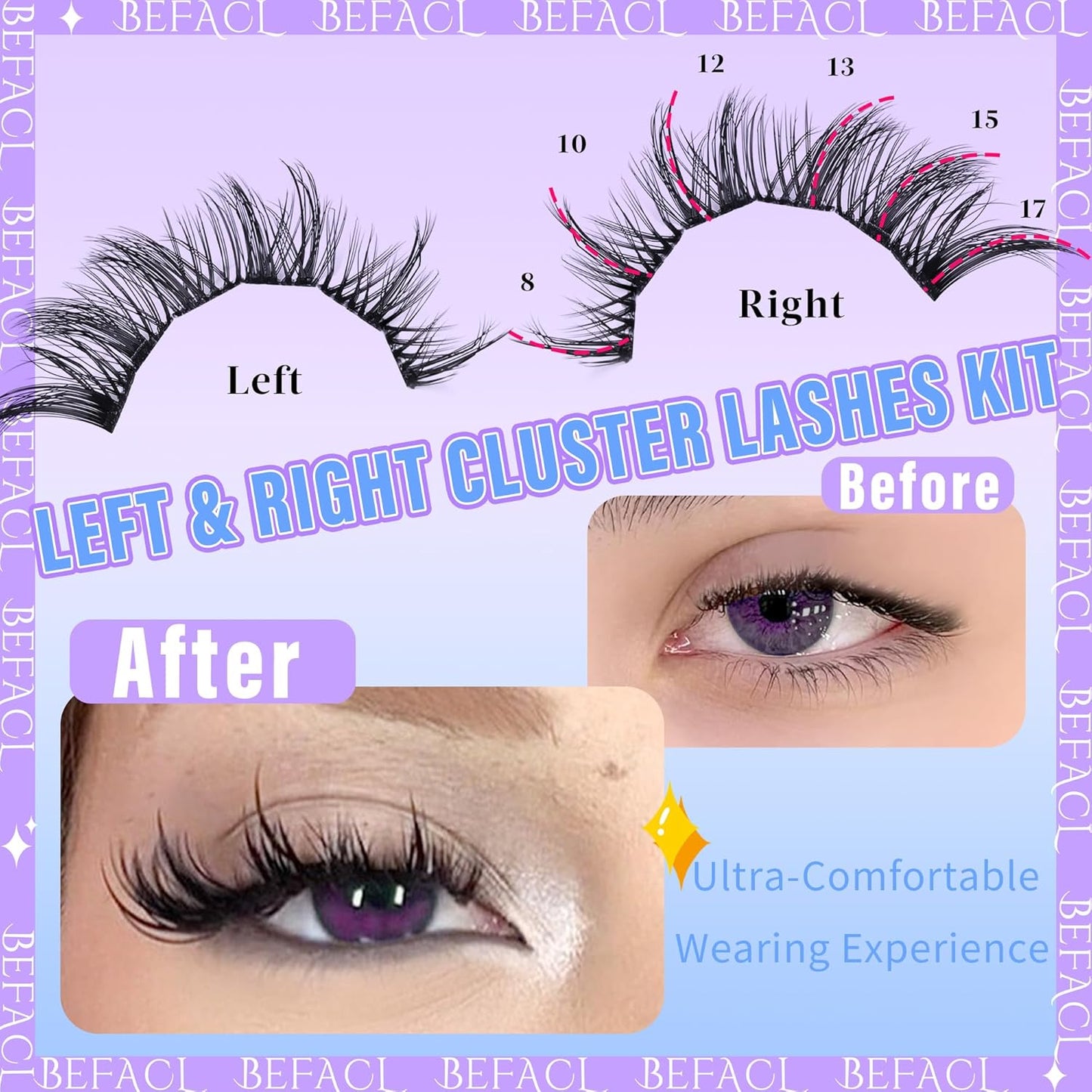 Natural Lash Clusters Wispy Cluster Eyelash Extensions Spiky Individual Lashes 8-17mm LC Curl Manga Eyelash Clusters with Lash Bond and Seal Soft Lashes Clusters Kit(132Pcs)