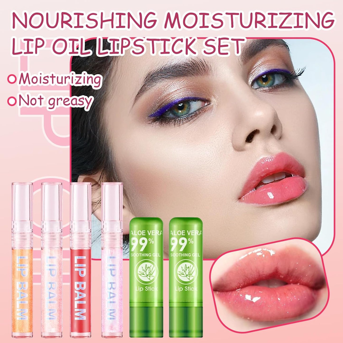 4 Pcs Shiny Lip Gloss Set,Non-sticky Long Lasting Moisturizing Lip Glow Oil Makeup Set with 2 Aloe Vera Color Changing Lipsticks for Women,Tinted Lip Balm & Lip Plumping Lip Gloss Set