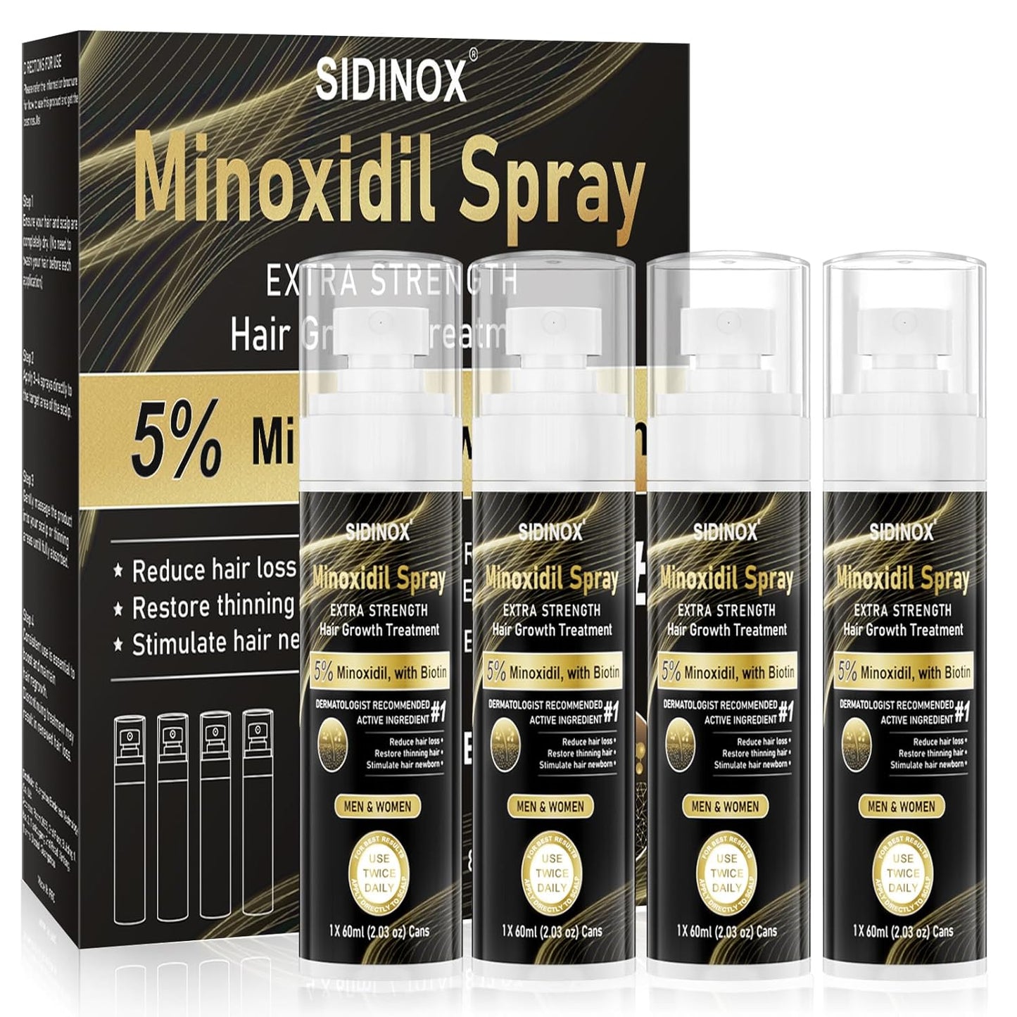 5% Minoxidil Spray for Men & Women (4 Month Supply)-Extra Strength Hair Growth Spray with Biotin & Castor Oil,Clinically Proven for Thinning Hair & Beard Regrowth, Non-Greasy Formula 4 pack（8.12 oz)