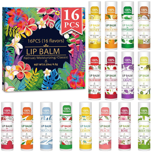16 Pack Lip Balm, Natural Lip Balm Bulk with Vitamin E and Coconut Oil, Bulk Moisturizing Lip Balms for Dry Lips-16 Flavors