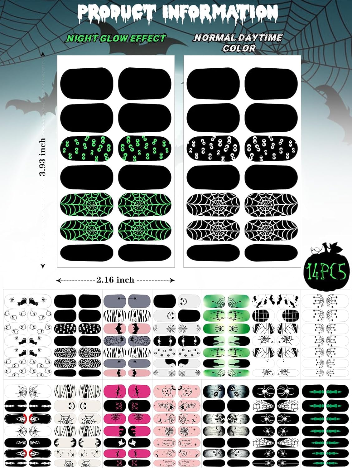 EBANKU 14 Sheets Halloween Full Wrap Adhesive Nail Polish Stickers Glow in The Dark, Cute Ghost Bats Spider Webs Skeleton Nail Strips Wraps with Nail File for Party Decor