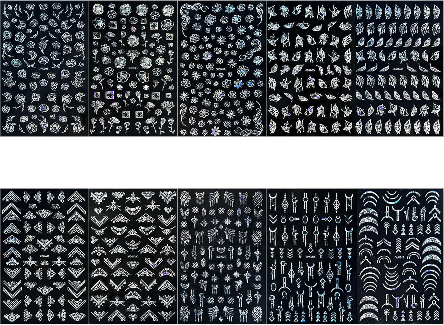 10 Sheets Flower Nail Stickers Silver 3D Self-Adhesive Leaf Art Designs Holographic Laser Manicure Accessories, Style6