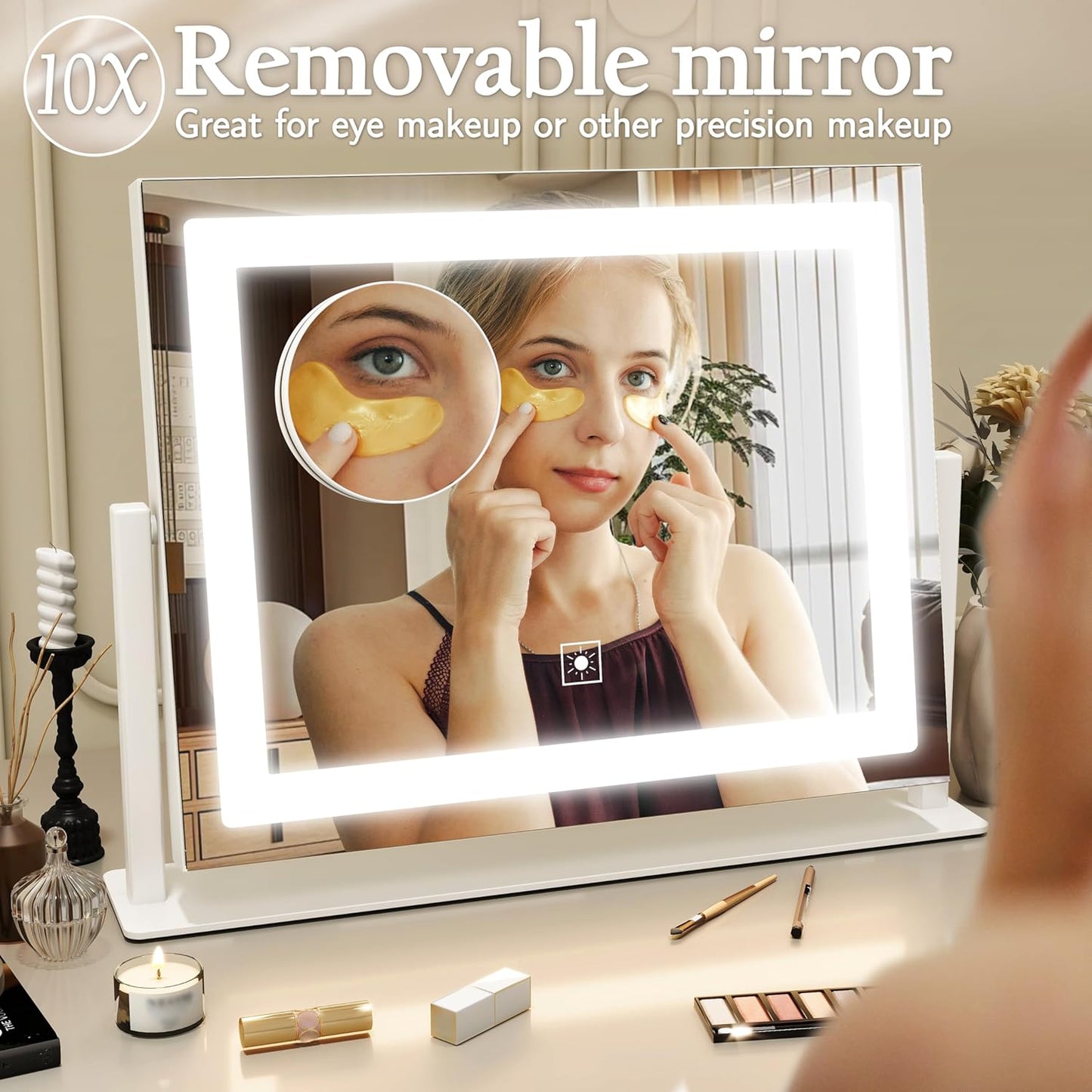 16x12 Inch Vanity Mirror with Lights, Lighted Makeup Mirror with 10X Magnification, Smart Touch 3 Colors Dimmable, Dresser Mount, Bathroom (White)