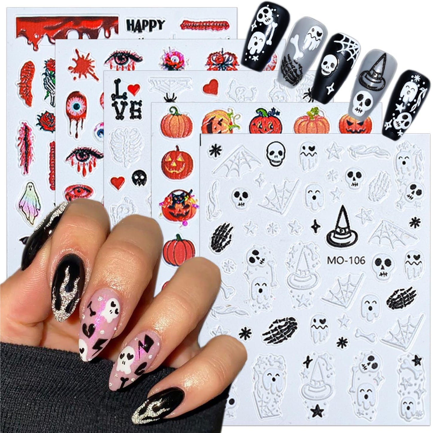 Halloween 5D Embossed Spooky Nail Art Stickers - Horror Eye, Pumpkin, Gothic Self-Adhesive Design Decals - Skeleton, Ghost, Blood Drops, Skull Supplies for Women Manicure