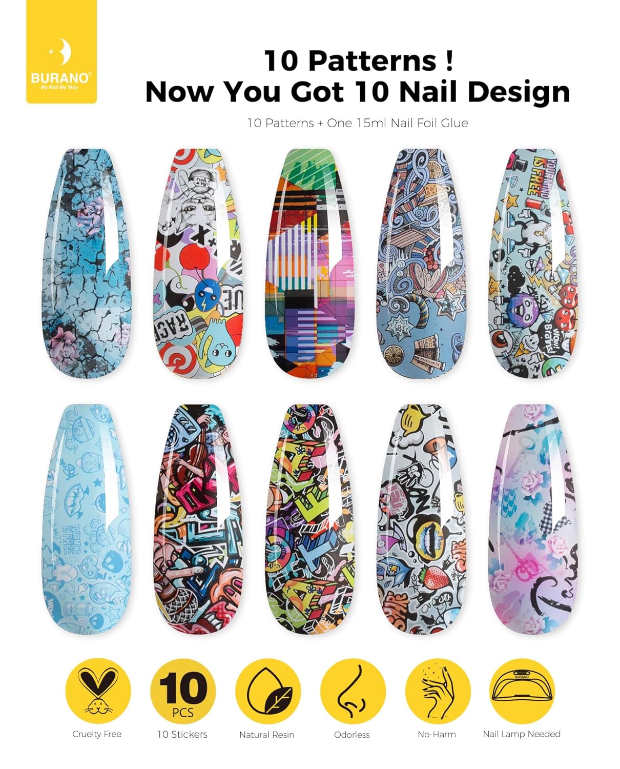 BURANO Nail Art Nail Foil Glue Gel, o.5 oz with 10PCS Foil Stickers Set Nail Foil Glue for Nails Foil Transfer Gel, Nail Design DIY UV LED Lamp Required (Design Foil 17)