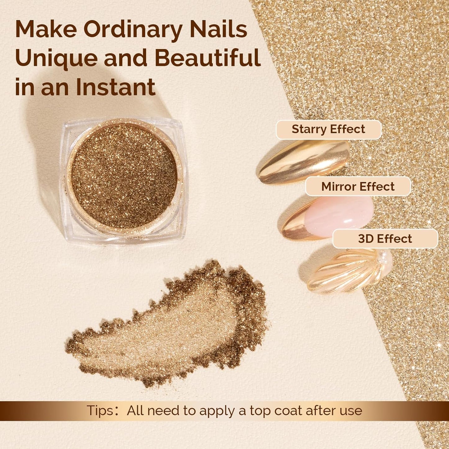 MelodySusie Champagne Gold Chrome Nail Powder for Gel Nails,Metallic Mirror Effect Pigment Stylish and Technological Fine Glitter for Home DIY Salon Use