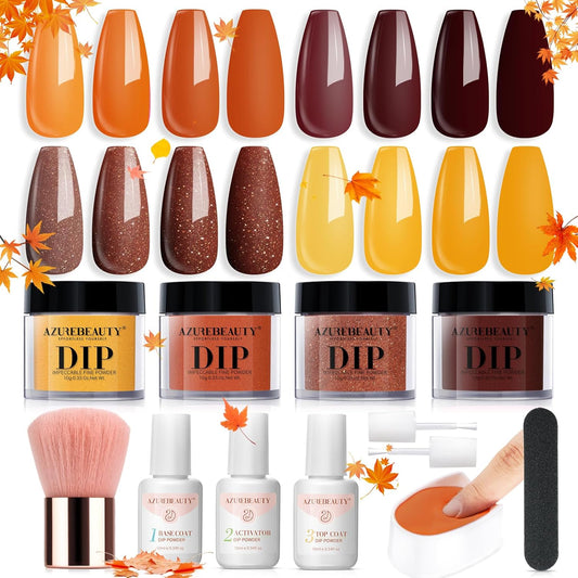 AZUREBEAUTY Dip Powder Nail Kit Starter, Fall Winter Yellow Orange Brown Glitter 12 Pcs 4 Colors Acrylic Dip Powder Liquid Set with Base/Top Coat Activator for French Nail Art Manicure DIY Gift