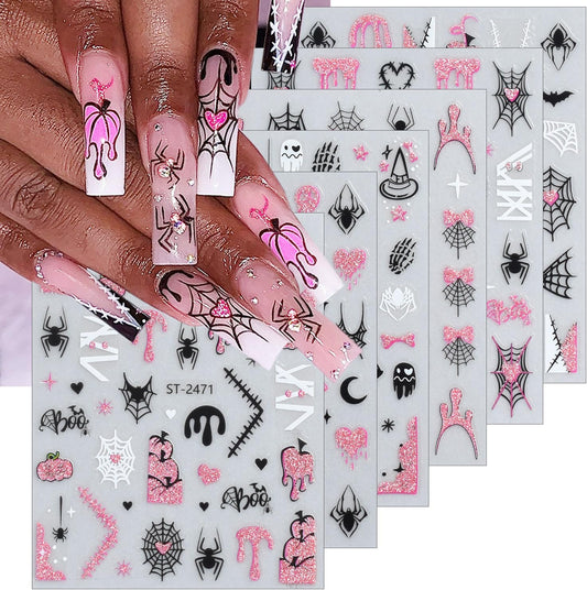 6 Sheets Halloween Nail Art Stickers Decals Pink Glitter Pumpkin Heart Bow Spider Nail Decals 3D Self-Adhesive Ghost Spider Web Skull Nails Stickers Cute Halloween Nails Art Supplies for Women Girls