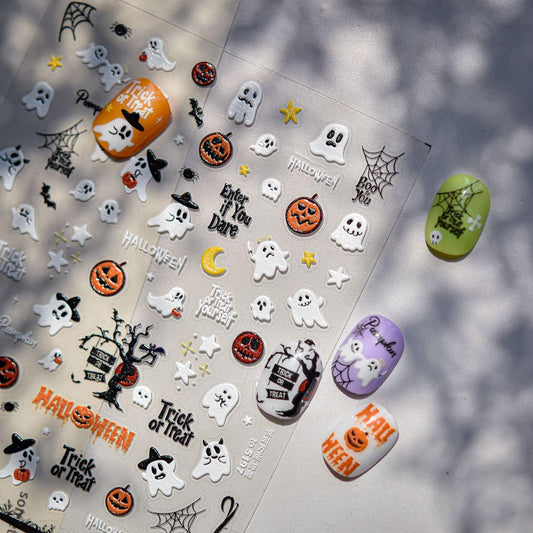 1 Sheet Halloween Nail Sticker 5D Embossed Ghost Nail Decals 3D Self-Adhesive Pumpkin Spider Wed Nail Supplies Cute Nail Art Sticker for Women Halloween Manicure Decoration