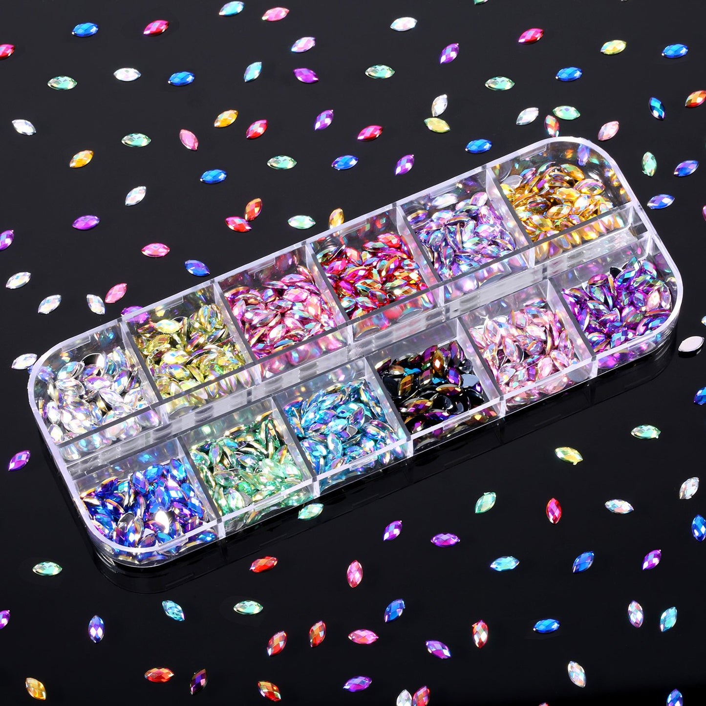 TecUnite 1200 Pieces 12 Colors Shiny Nail Rhinestones Horse Eye Nail Rhinestones Flat Back Gems Decorations Supplies with Box Face Art Gem Jewel for Halloween Party Decorations Crafts (12 Colors)