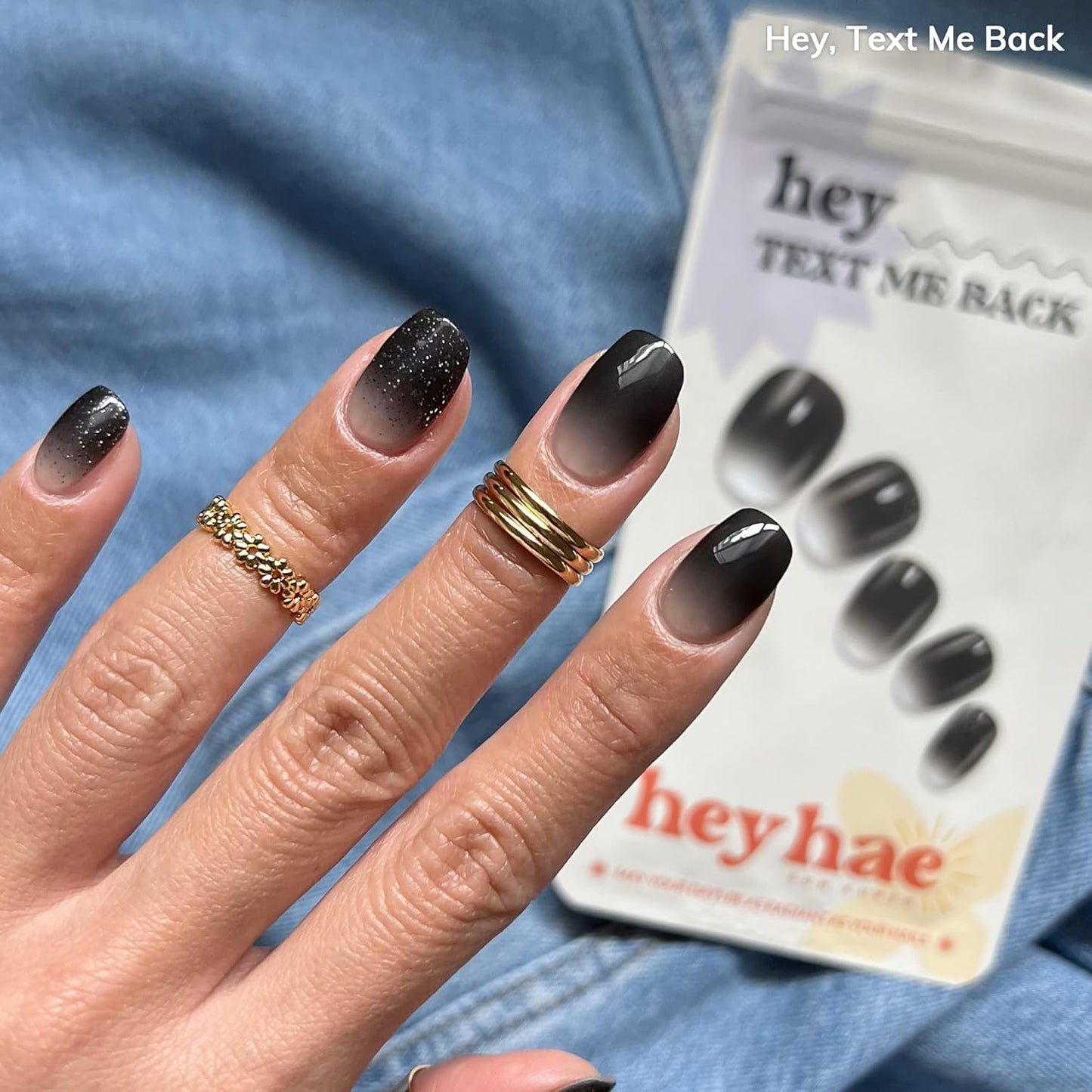 Semi Cured Gel Nail Strips | No LED Lamp Needed | Ombre, Black | Easy Apply & Remove, Salon Quality | Includes 28 Strips, 1 Prep Pads, Nail File & Wooden Stick - Hey, Text Me Back