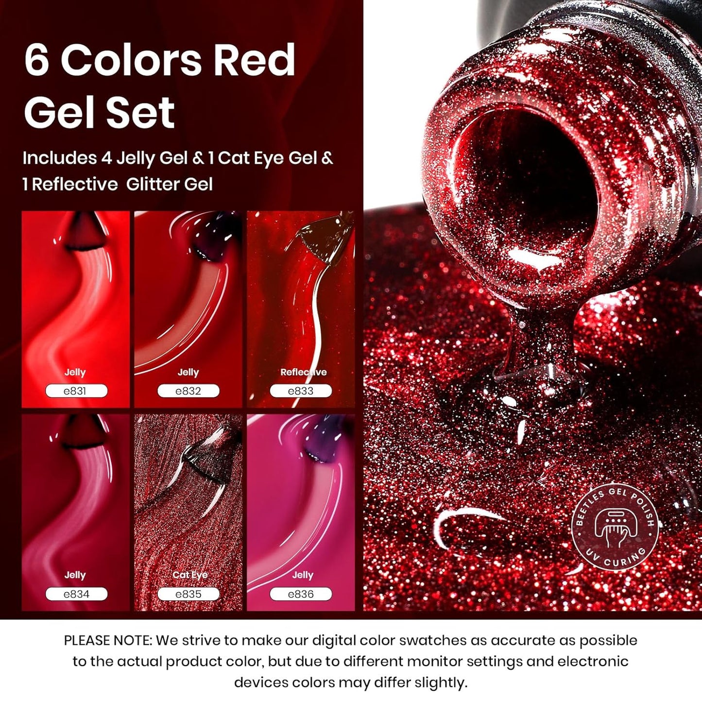 Beetles Red Gel Nail Polish Set, 6 Colors Cat Eye Glitter Burgundy Bright Jelly Nail Polish Set with Magnet, Soak Off LED Lamp DIY Salon at Home Manicure Gifts for Women Red Revival