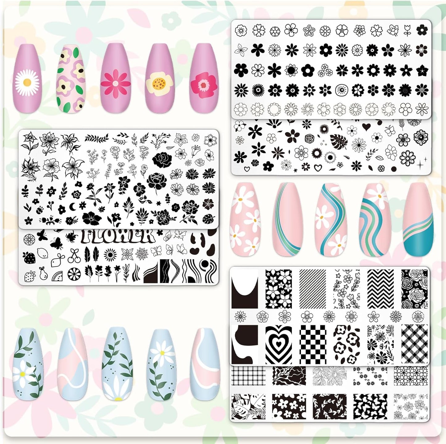 Whaline 6Pcs Simple Floral Nail Plates Stamping Set Flower Leaves Stamp Templates Nail Art Plates for DIY Print Manicure Salon Design Gift
