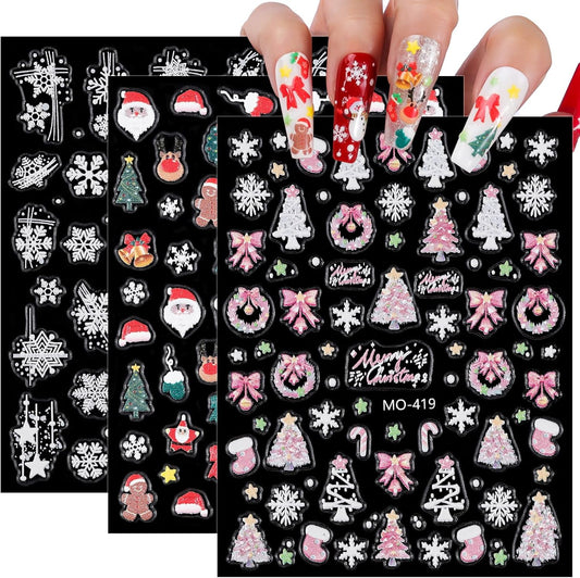 Christmas Nail Art Stickers 3 Sheets 5D Embossed Self Adhesive Nail Decals Snowflake Santa Claus Christmas Tree Elk Reindeer Bow Tie Designs Nail Stickers for Women DIY Manicure Supplies Holiday Gift