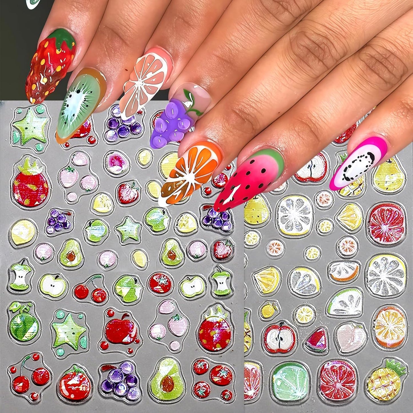 2Pcs Summer Fruit Lemon Nail Stickers for Nail Art Embossed 5D Self-Adhesive Pineapple Cherry Nail Decals Grapes Nail Art Stickers Apple Nails Sticker Strawberry Nail Design for Women DIY Nails Decor