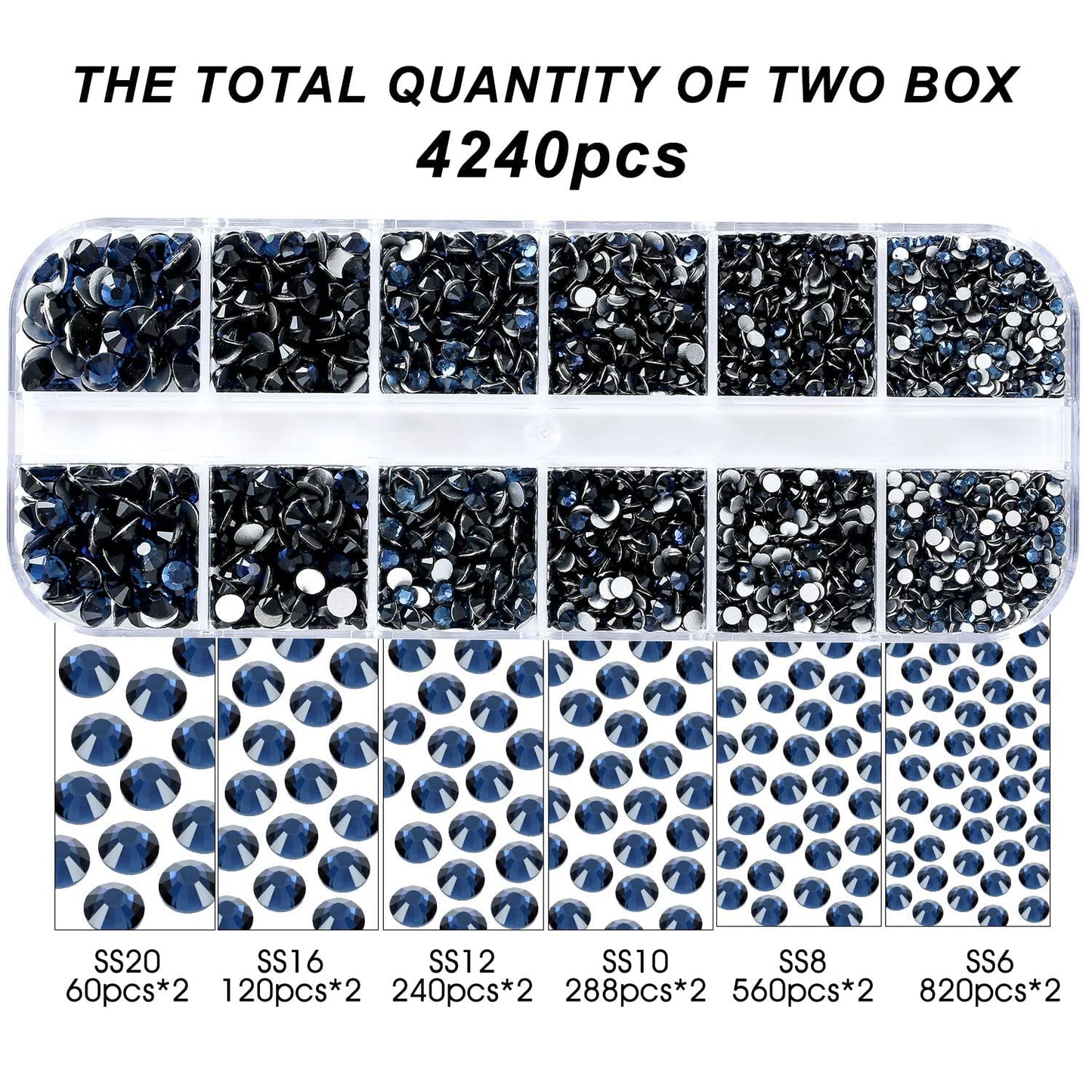 4240Pcs Montana Flatback Rhinestones 6 Sizes Crystal Diamonds for Nail Art Crafts Clothes Shoes with Tweezers and Picking Pen