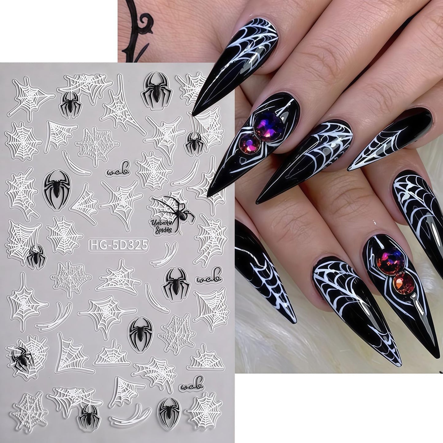 Halloween Nail Art Stickers Decals Black White Spider Web Spider Pattern Design 3D Self-Adhesive Nail Stickers Halloween Spider Nail Art Decals for Women DIY Festival Salon Manicure Decoration