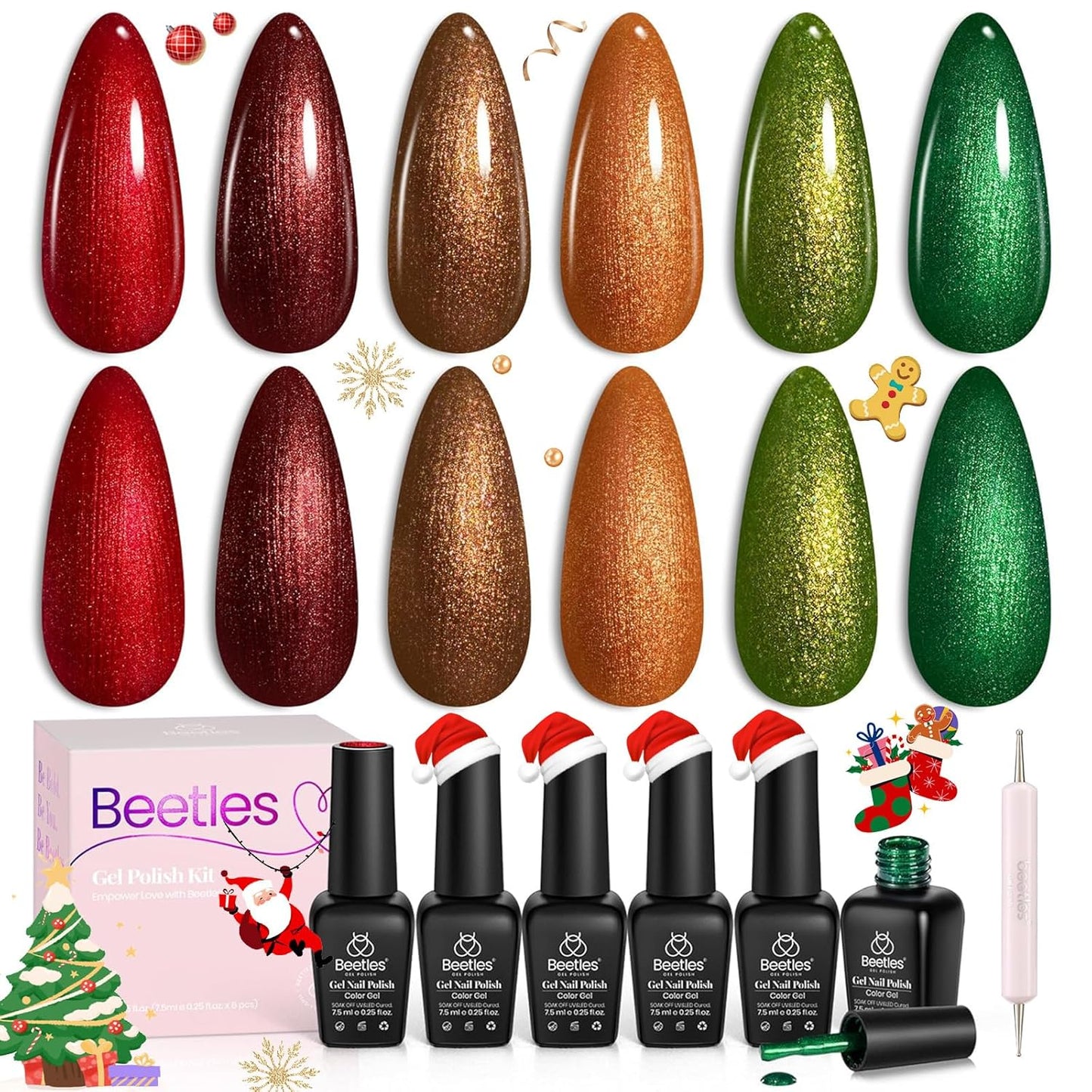 beetles Glitter Gel Nail Polish Set, 6 Colors Glitter Brown Orange Red Green Colors Christmas Nail Drawing Swirl Shell Thread Effect Gel Polish Kit Soak Off Led Nail Gel Polish DIY Mani Gifts