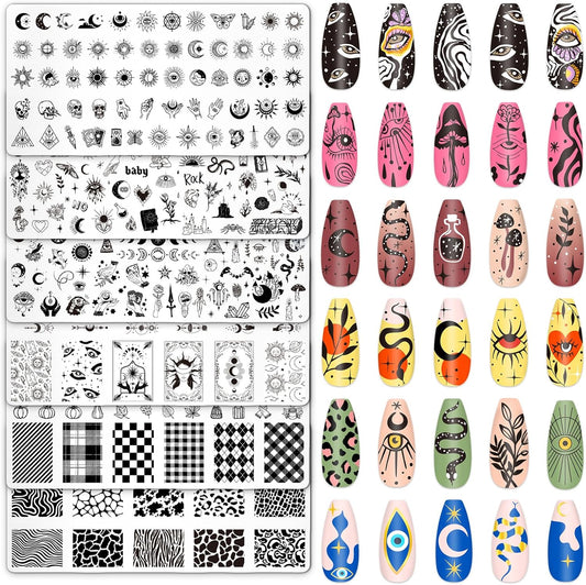 Whaline 6Pcs Gothic Halloween Nail Plates Stamping Set Skull Evil Eye Moon Stamp Templates Halloween Nail Art Plates for DIY Print Manicure Salon Design