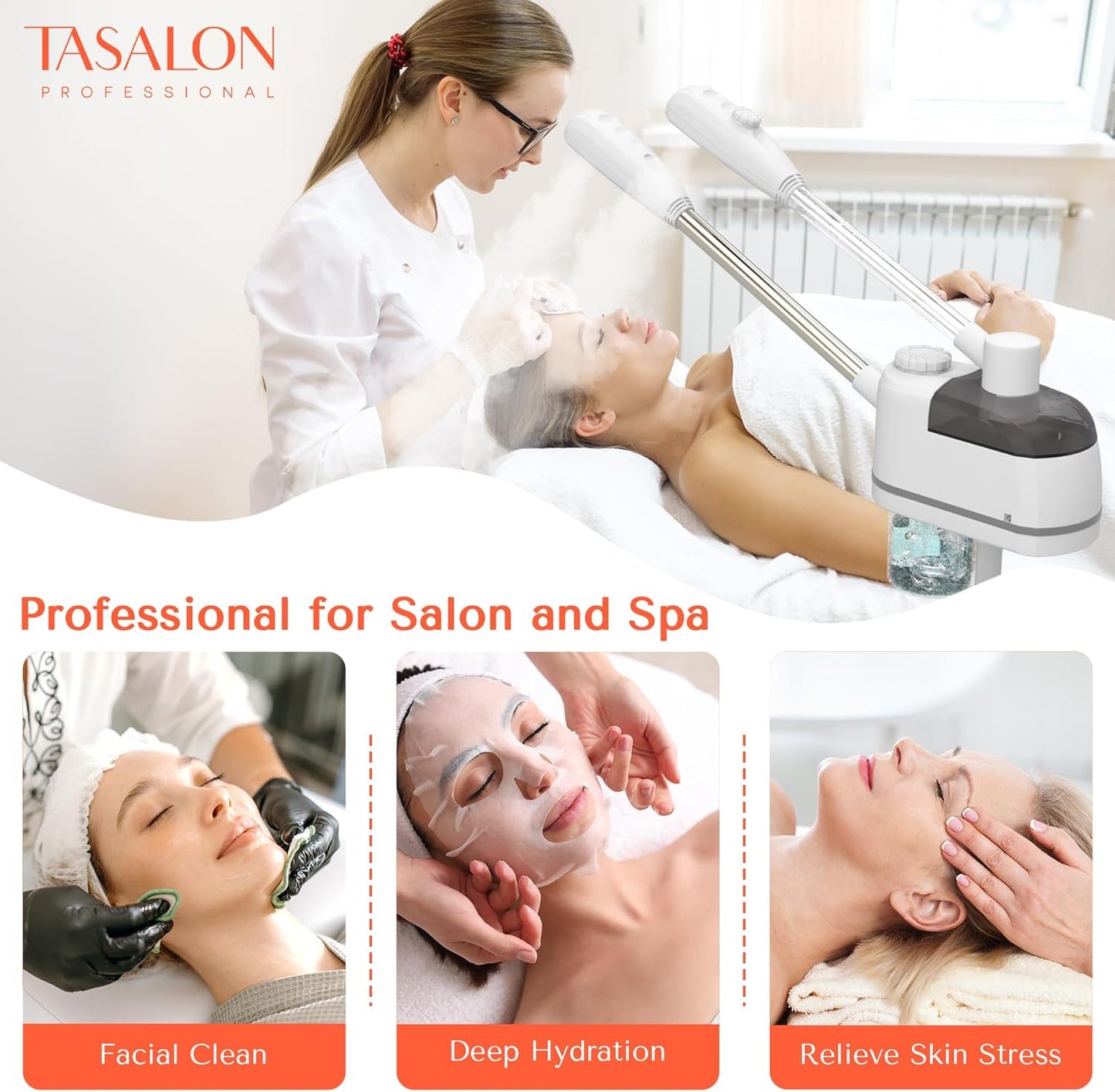 TASALON 2 in 1 Professional Facial Steamer on Wheels -with Ozone and Hot & Cold Mist, Ionic Facial Steamer Kit for Facial Deep Cleaning and Moisturize, SPA & Home, Ozone Face Humidifier (White)