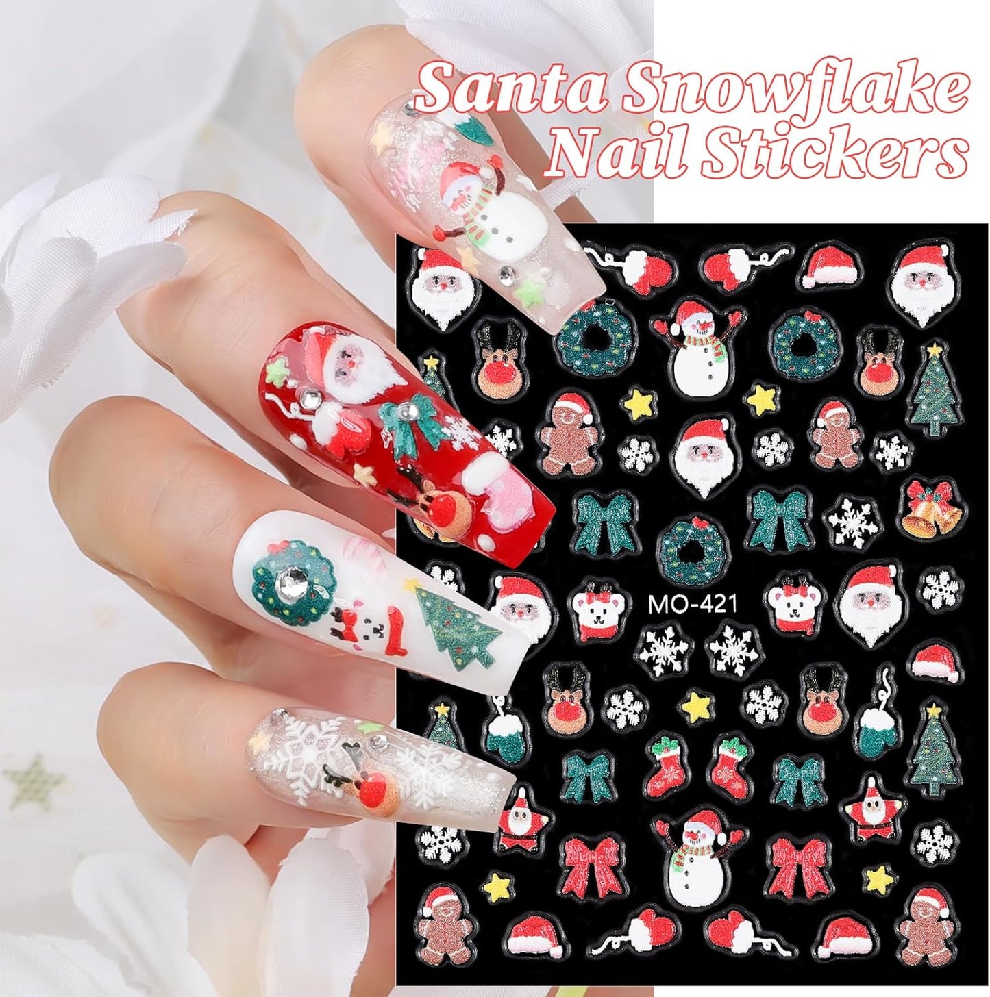 Christmas Nail Art Stickers 3 Sheets 5D Embossed Self Adhesive Nail Decals Snowflake Santa Claus Christmas Tree Elk Reindeer Bow Tie Designs Nail Stickers for Women DIY Manicure Supplies Holiday Gift