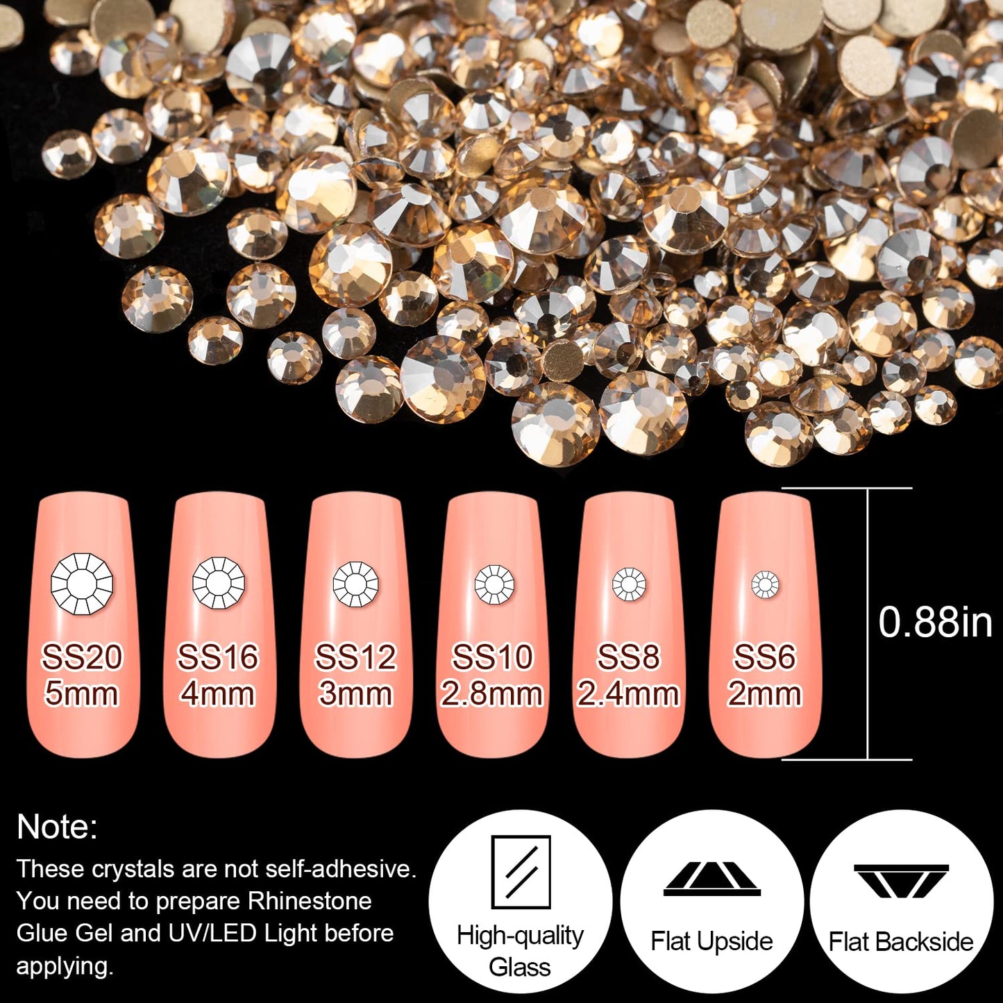 18 Styles Multi-Shaped Glass Gemstones for Nails and 6 Sizes Round Crystal Rhinestones Kit #5, Champagne Nail Art Charm Bead Manicure Decoration with Pickup Pencil and Tweezer