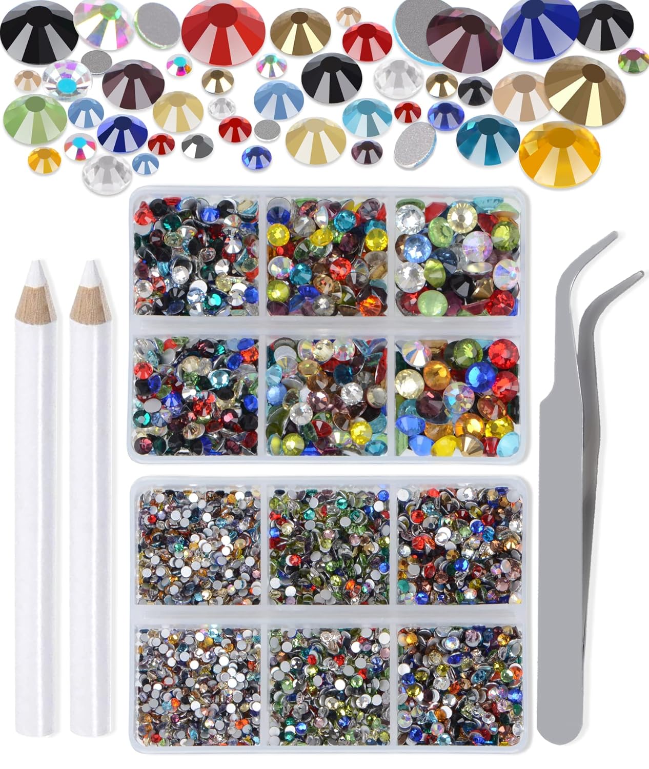 LPBeads 6000 Pieces Mixed Color Non Hotfix Rhinestones 6 Sizes Round Crystal Glass Flat Back Rhinestones with Tweezers and Picking Pen for Nail Art Crafts Clothes Bags DIY