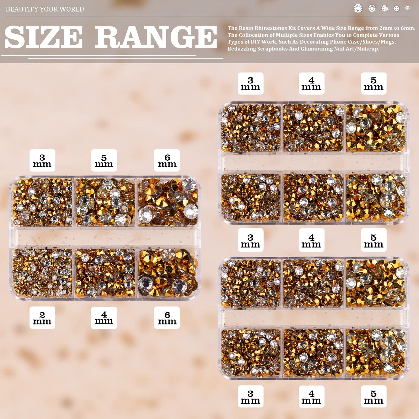 Resin Rhinestones Crafting, 2/3/4/5/6mm Flatback Jelly Rhinestones, 3 Box Mineral Gold Non Hotfix Crystal Gems for Bedazzling Crafts Mugs Tumblers Clothes Makeup Nail
