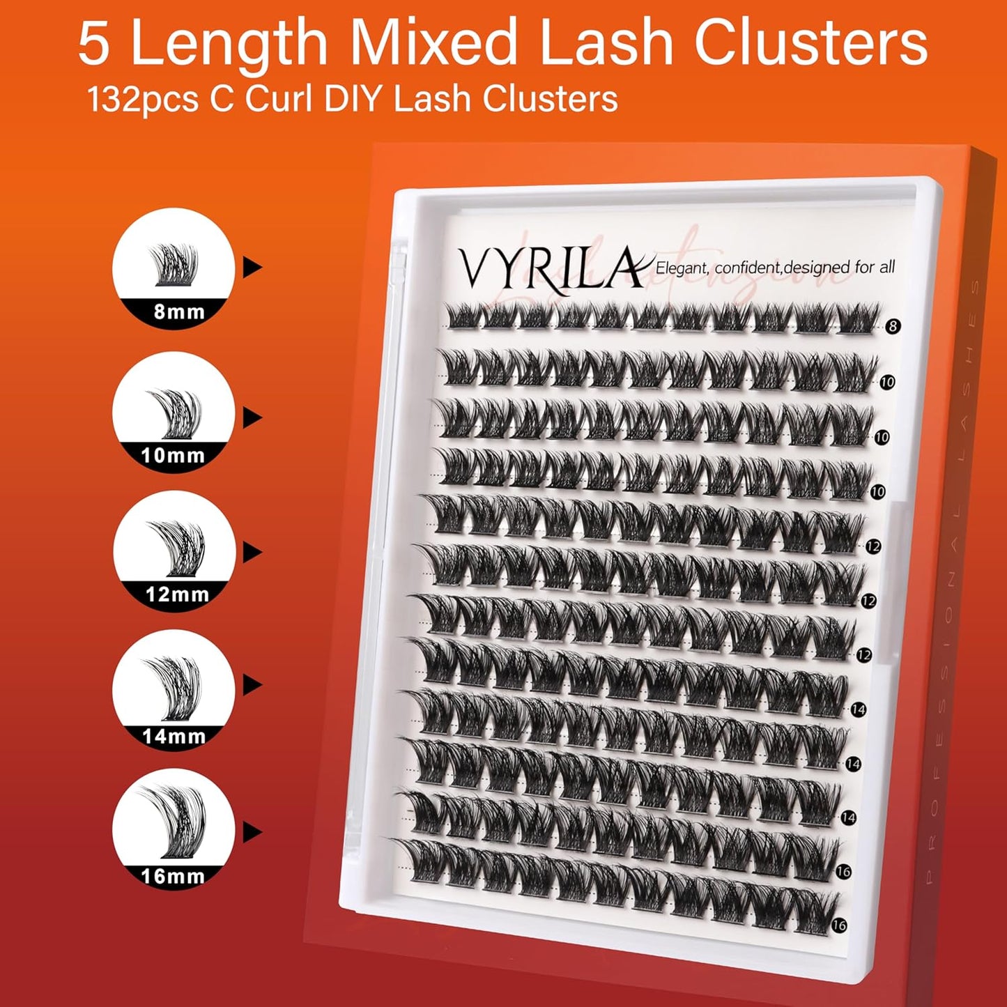Lash Cluster 132pcs Individual Lashes,8-16mm Diy Lash Extension,D Curl Lash Clusters Wispy,3D Natural Lash Clusters Look Like Eyelash Extension DIY at Home (Orange Whisper-D-8-16mix)
