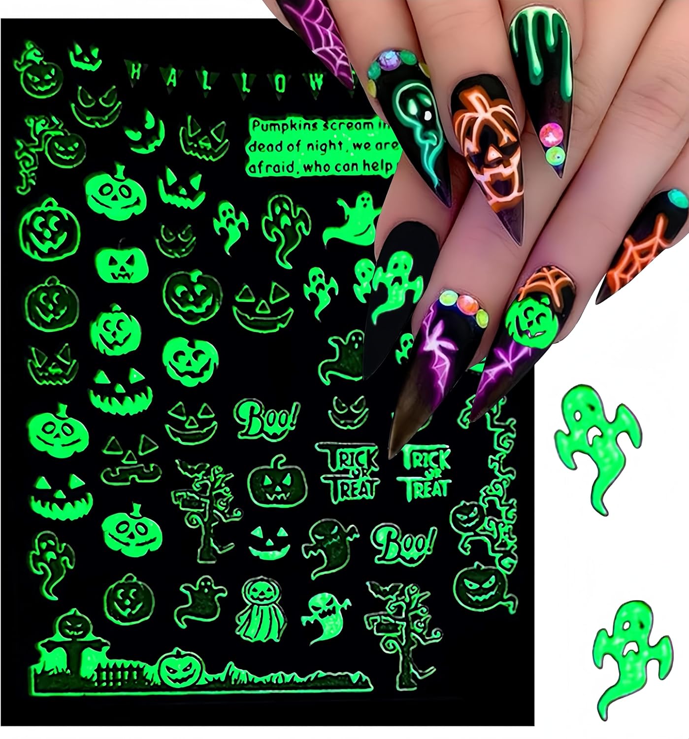 6Sheets Halloween Nail Art Stickers 3D Fluorescent Design Nail Decals Self-Adhesive Halloween Nail Supply Skeleton Pumpkin Spider Ghost Nail Sticker for Holiday Women Girls DIY Manicure Decoration