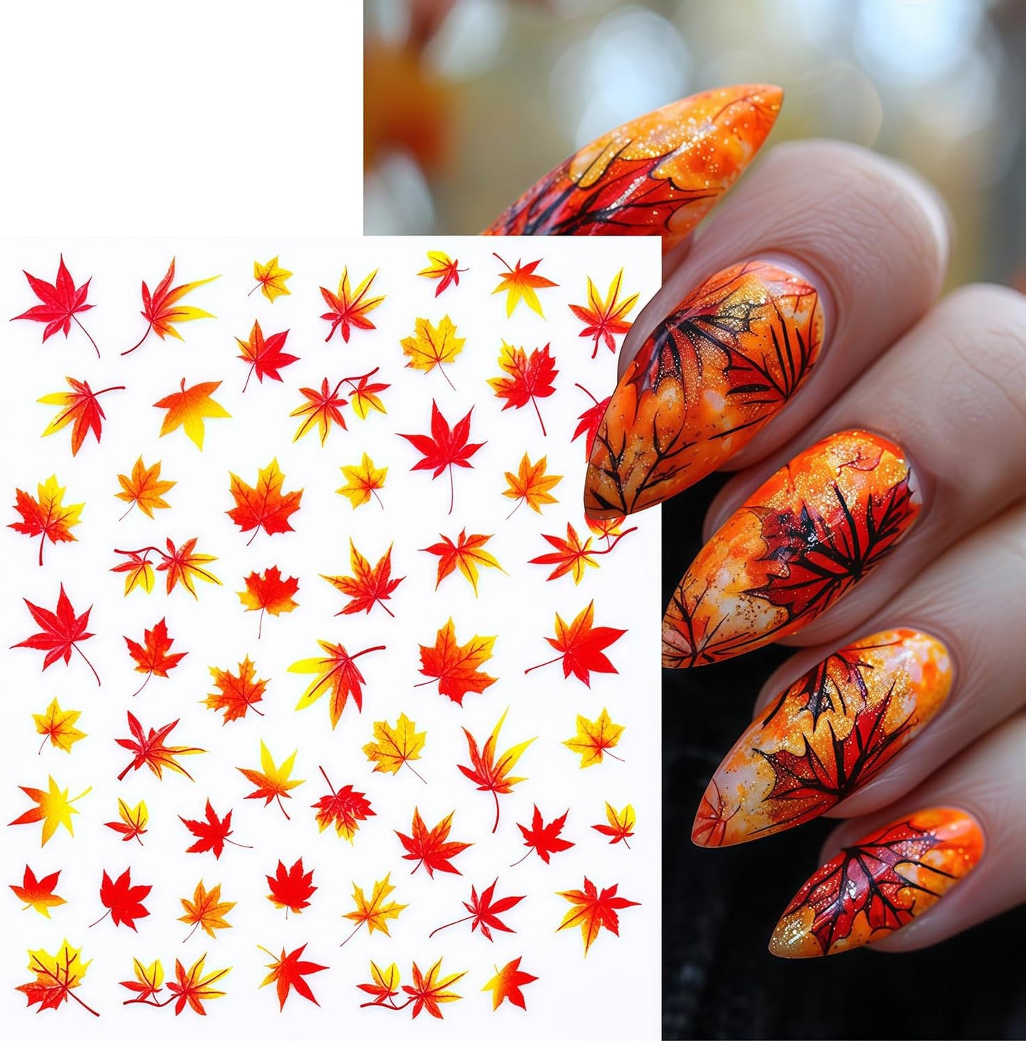 Autumn Nail Art Stickers Fall Maple Leaves Nail Stickers 3D Self-Adhesive Autumn Leaves Nail Sticker Leaf Nails Decals for Women Acrylic Nails Maple Leaf Thanksgiving Holiday Decorations
