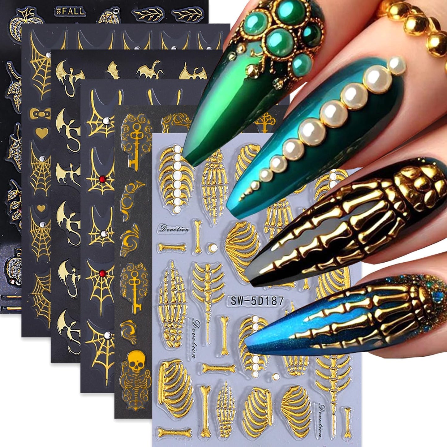 6 Sheets Halloween Gold Nail Art Stickers Decals Spider Web Nails Stickers with Rhinestones Design 5D Skull Nails Decal Self-Adhesive Bat Nail Art Decal for Women Halloween Decor