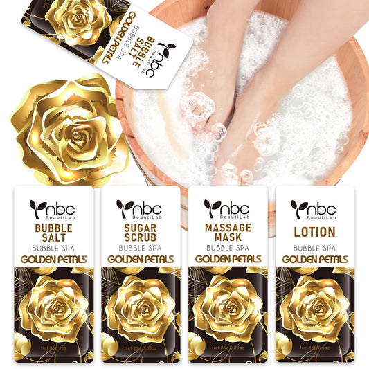 Pedicure Kit Foot Soak Set: Bubble Salt, Sugar Scrub, Massage Mask, Massage Lotion in a Box, 4 Step Foot Spa Kit for Dry Feet,Tired Feet (1 Set Golden Petals)