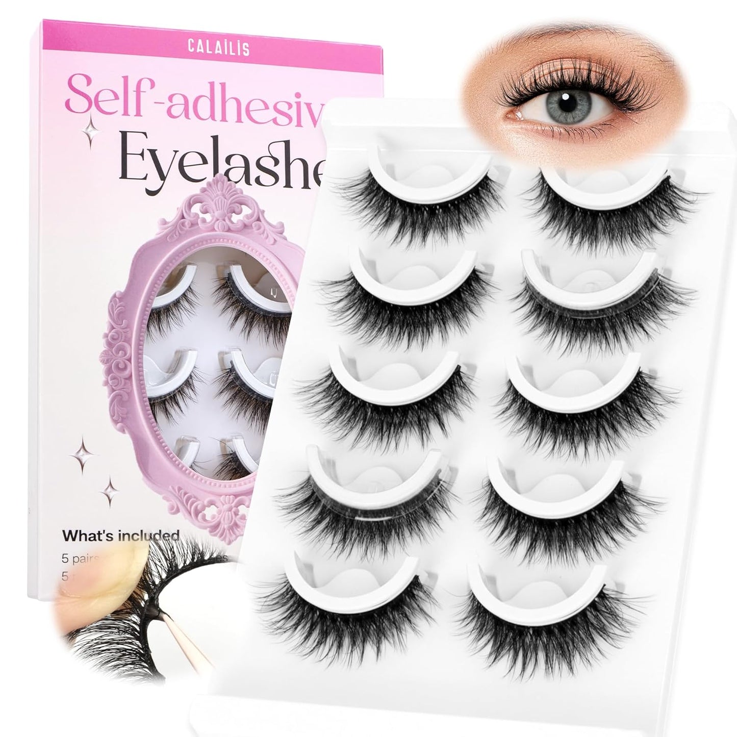 CALAILIS Self Adhesive Eyelashes 5 Pairs Natural Look Press On Lashes No Glue Need Eyelashes Reusable Cat Eye Wispy Self-adhesive False Lashes with Replacement Adhesive Strips (C130)
